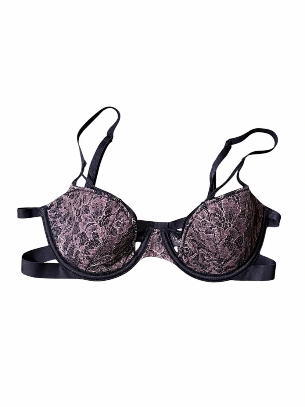 Victoria’s Secret Lined Demi Bra 34C Black Pink Lace Strappy